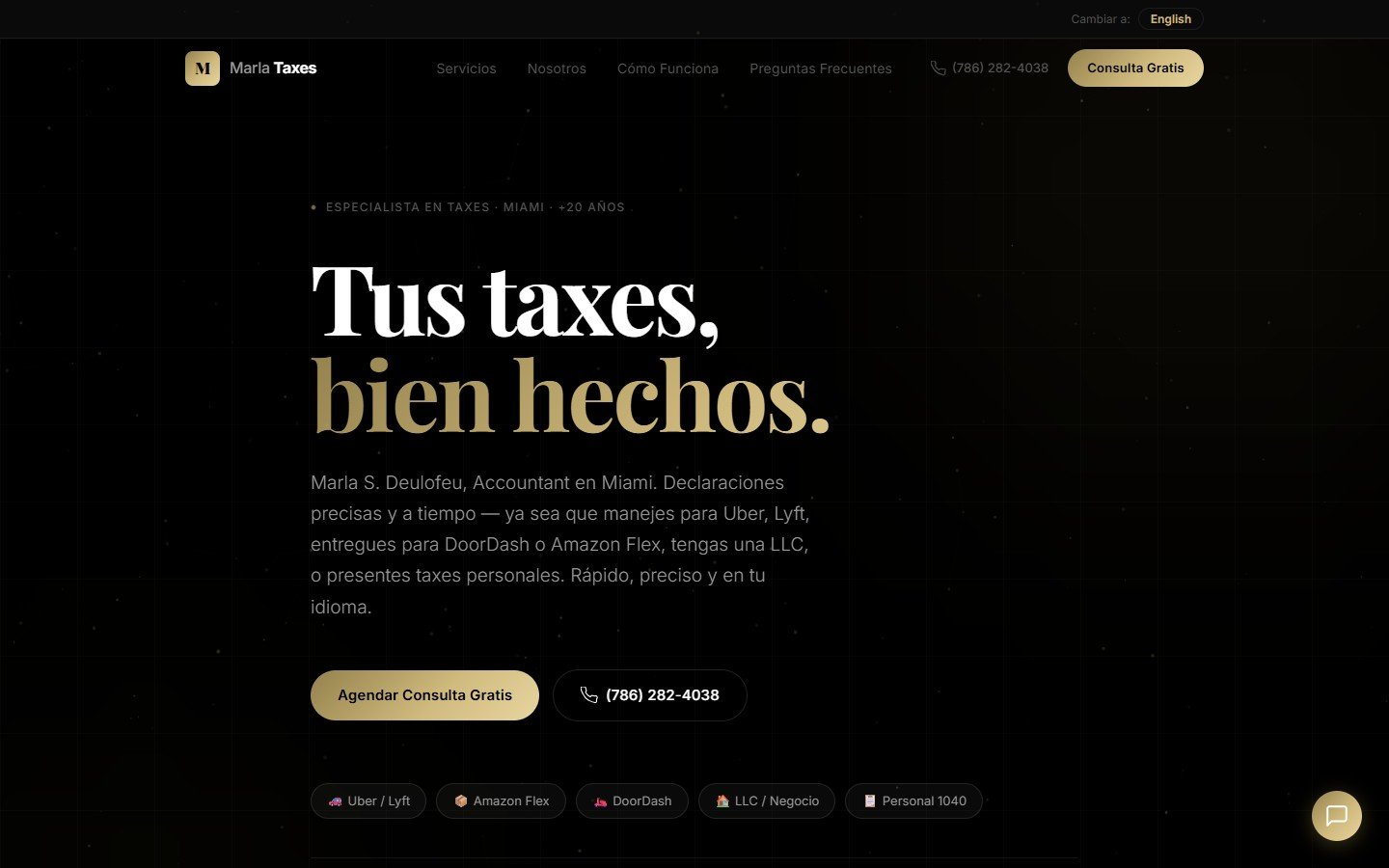Marla Taxes website — professional layout with gold typography and dark color scheme