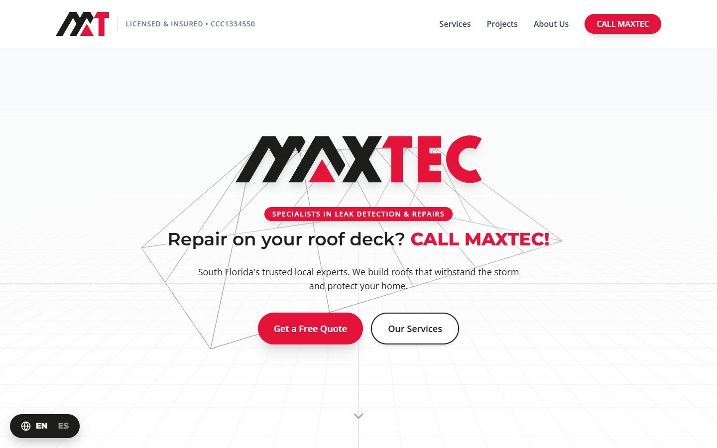 Maxtec Roofing Group website — 3D wireframe roof hero with red brand accents